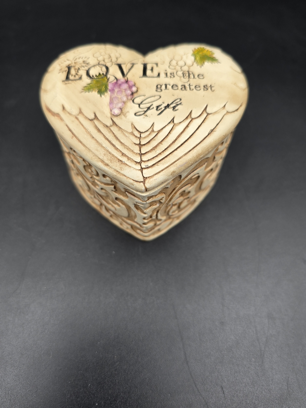 Heart-Shaped Decorative Trinket Box in Cream with Script